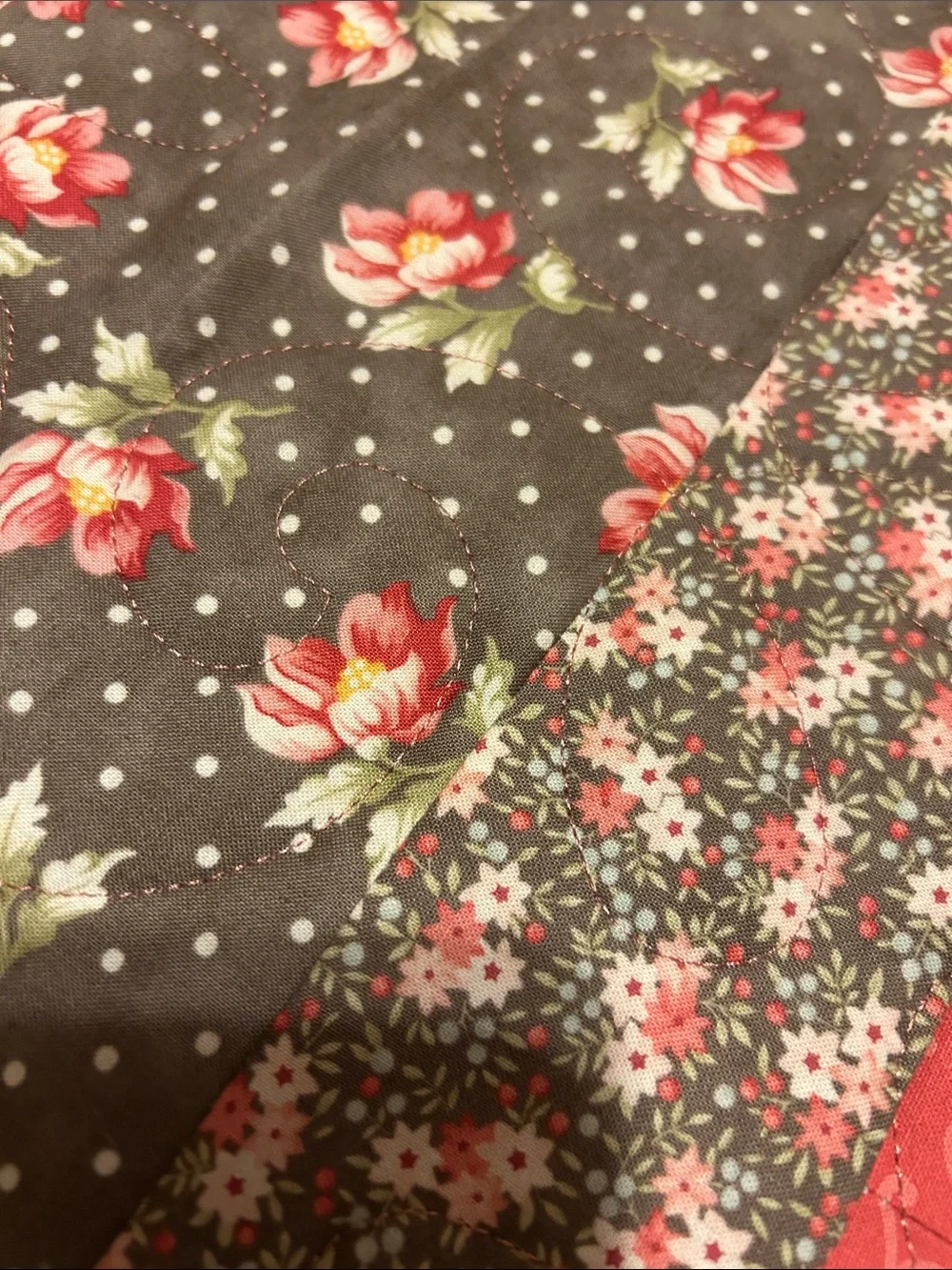 ONE OF A KIND - HANDCRAFTED  Coral and Gray Quilt - Floral